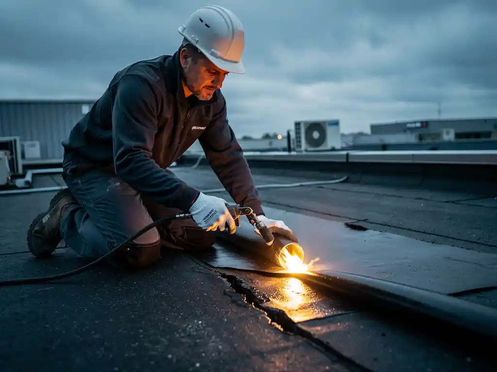 Dakdekker knielt op plat bitumineus dak en versmeldt waterdichte membraan over scheur met gasbrander, industriële daken op achtergrond.