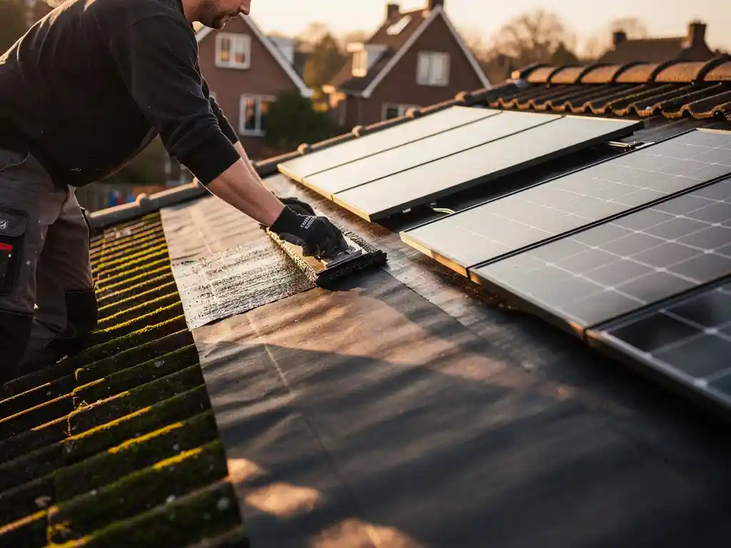 Dakdekker legt bitumineuze dakbedekking aan op hellend woonhuisdak met zonnepanelen, Nederlandse wijk op de achtergrond.