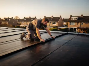Dakdekker die bitumineuze dakbedekking aanbrengt op plat dak, Nederlandse woonwijk op de achtergrond in warm middaglicht.