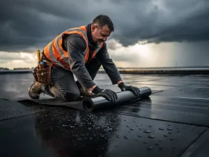 Dakdekker die bitumineuze dakbaan aanbrengt op plat dak, donkere onweerswolken op achtergrond, waterdruppels op afgedicht oppervlak.