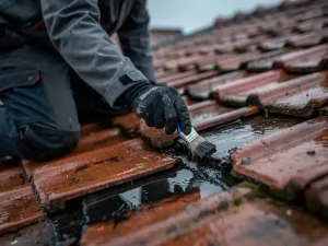 Dakdekker die bitumineuze afdichtingsmiddel aanbrengt op gebarsten dakpan tijdens reparatie op nat woonhuisdak.