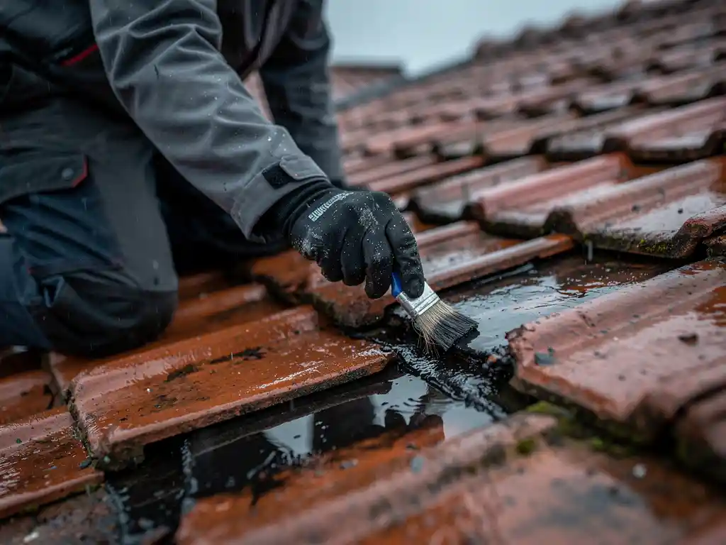 Dakdekker die bitumineuze afdichtingsmiddel aanbrengt op gebarsten dakpan tijdens reparatie op nat woonhuisdak.