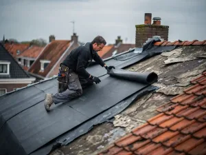 Dakdekker legt donkere bitumineuze dakbaan op woonhuis tijdens renovatie, met terracotta daken en bewolkte lucht op de achtergrond.