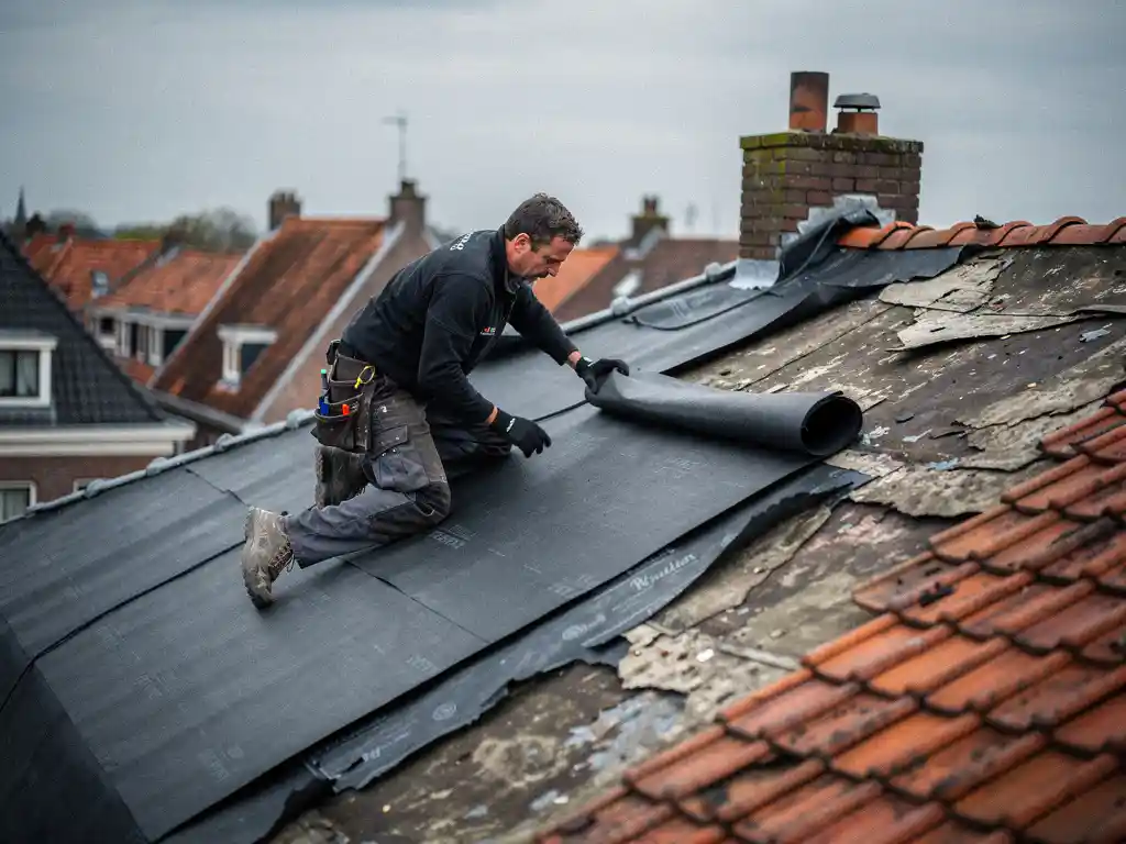 Dakdekker legt donkere bitumineuze dakbaan op woonhuis tijdens renovatie, met terracotta daken en bewolkte lucht op de achtergrond.