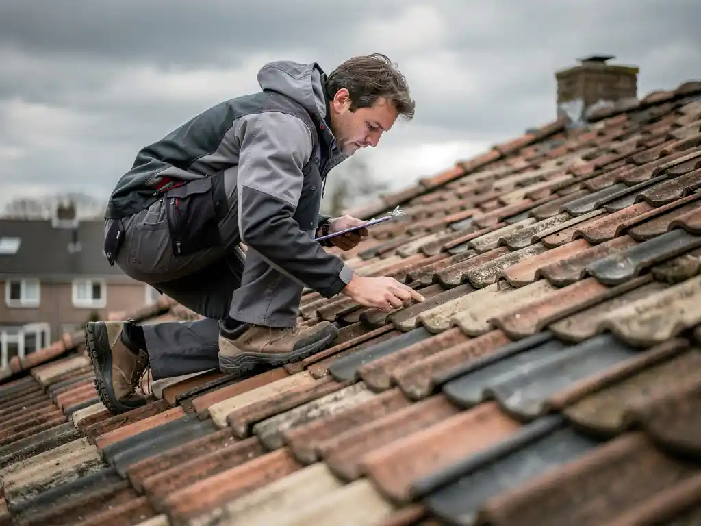 Dakdekker met klembord die een pannendak inspecteert onder bewolkte Nederlandse lucht.