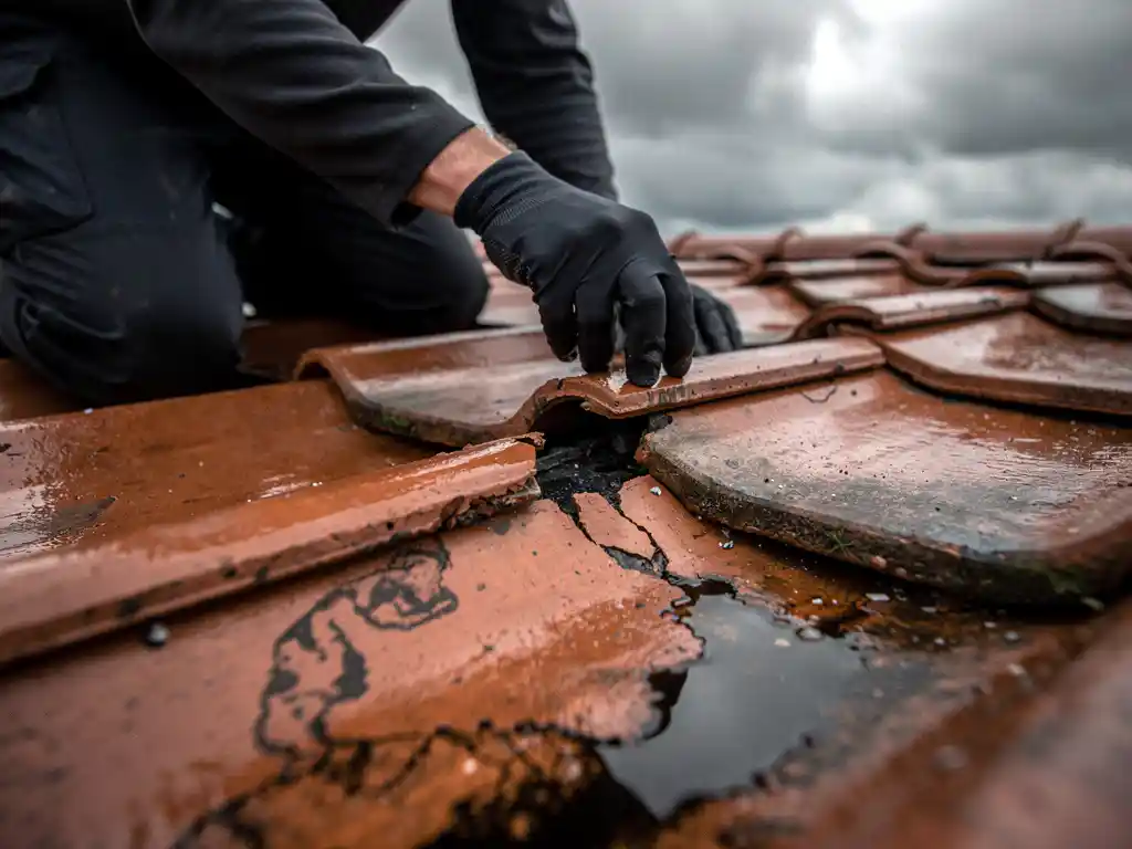 Dakdekker knielt op natte terracotta dakpannen en inspecteert een gebarsten, lekkende nok onder bewolkte Nederlandse lucht.
