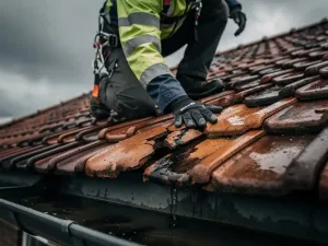 Dakdekker inspecteert gebarsten nokpan op nat terracotta dak met donkere watervlek onder bewolkte lucht.