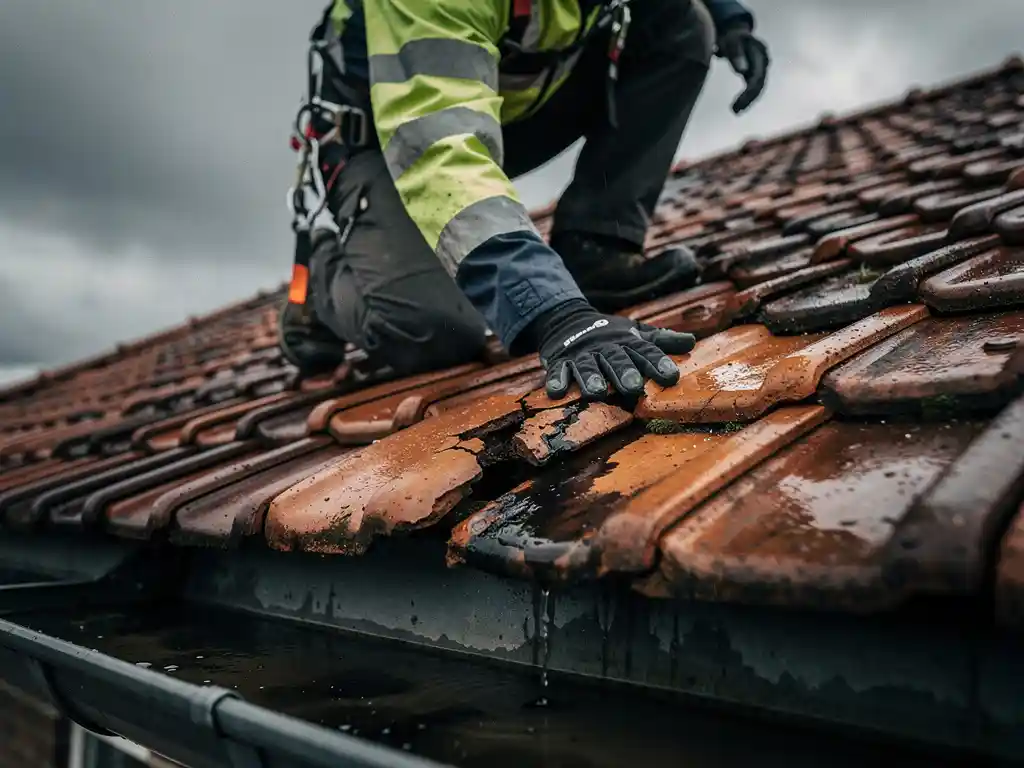 Dakdekker inspecteert gebarsten nokpan op nat terracotta dak met donkere watervlek onder bewolkte lucht.