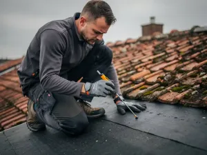 Dakspecialist inspecteert bitumineus dakmateriaal op hellend woonhuisdak, verweerde terracotta dakpannen op de achtergrond.