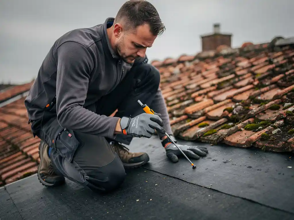 Dakspecialist inspecteert bitumineus dakmateriaal op hellend woonhuisdak, verweerde terracotta dakpannen op de achtergrond.