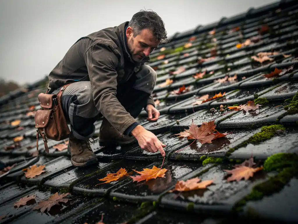 Dakdekker inspecteert natte bitumen dakpannen bedekt met herfstbladeren en mosplekken op een Nederlands dak.