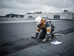 Dakdekker inspecteert bitumineuze membrane op groot plat commercieel dak met klembord, industrieel complex op achtergrond.