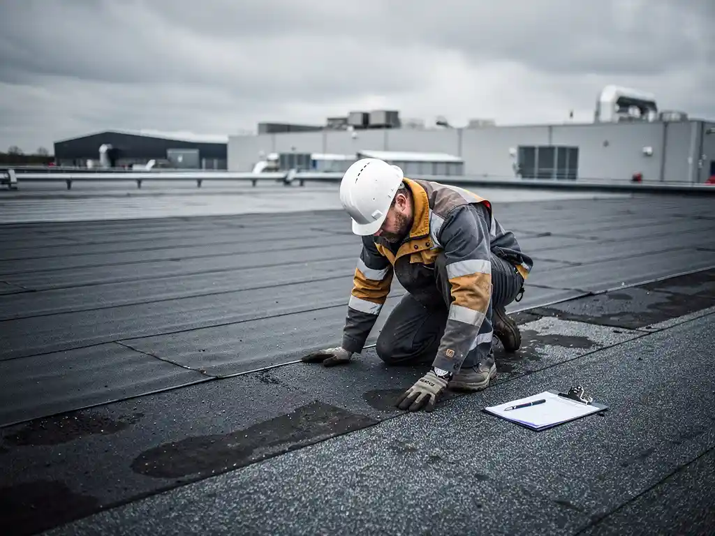 Dakdekker inspecteert bitumineuze membrane op groot plat commercieel dak met klembord, industrieel complex op achtergrond.