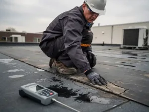 Dakdekker inspecteert versleten bitumineuze membraan op plat commercieel dak met vochtmeter onder bewolkte lucht.