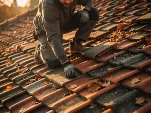 Dakdekker in werkkleding inspecteert verweerde dakpannen op een Nederlands pannendak tijdens gouden uursverlichting in de herfst.