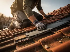 Dakdekker inspecteert verweerde bitumennaden op een kleipannendak, traditionele Nederlandse woningen zichtbaar op de achtergrond.