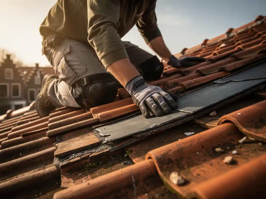 Dakdekker inspecteert verweerde bitumennaden op een kleipannendak, traditionele Nederlandse woningen zichtbaar op de achtergrond.