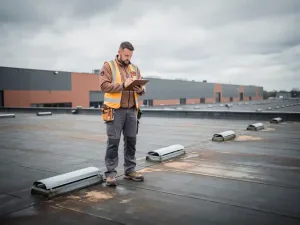 Dakdekker inspecteert verweerde membraannaden op plat commercieel dak, klembord in hand, industrieel gebouw op de achtergrond.