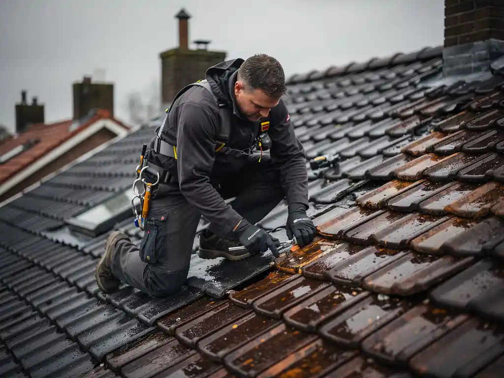 Dakspecialist die een beschadigde dakpantvoeg afdicht op nat woonhuis dak, bewolkte Nederlandse lucht op de achtergrond.
