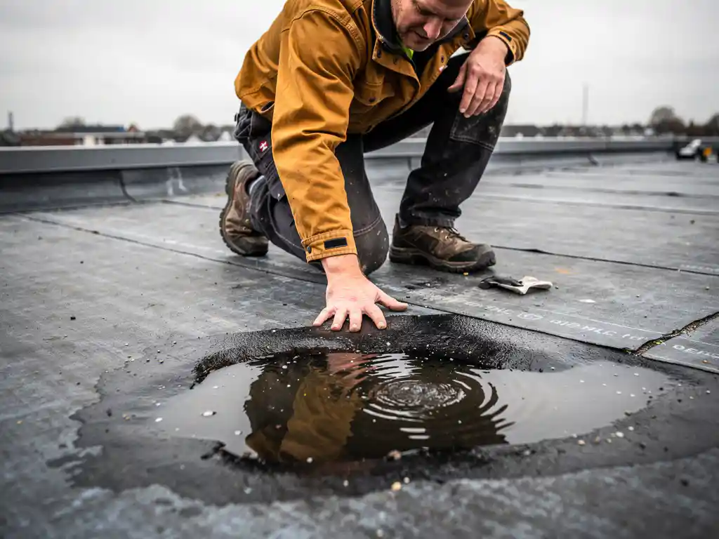 Dakspecialist in oranje werkjas inspecteert blaren en vochtschade op een plat bitumineus dak onder bewolkte lucht.