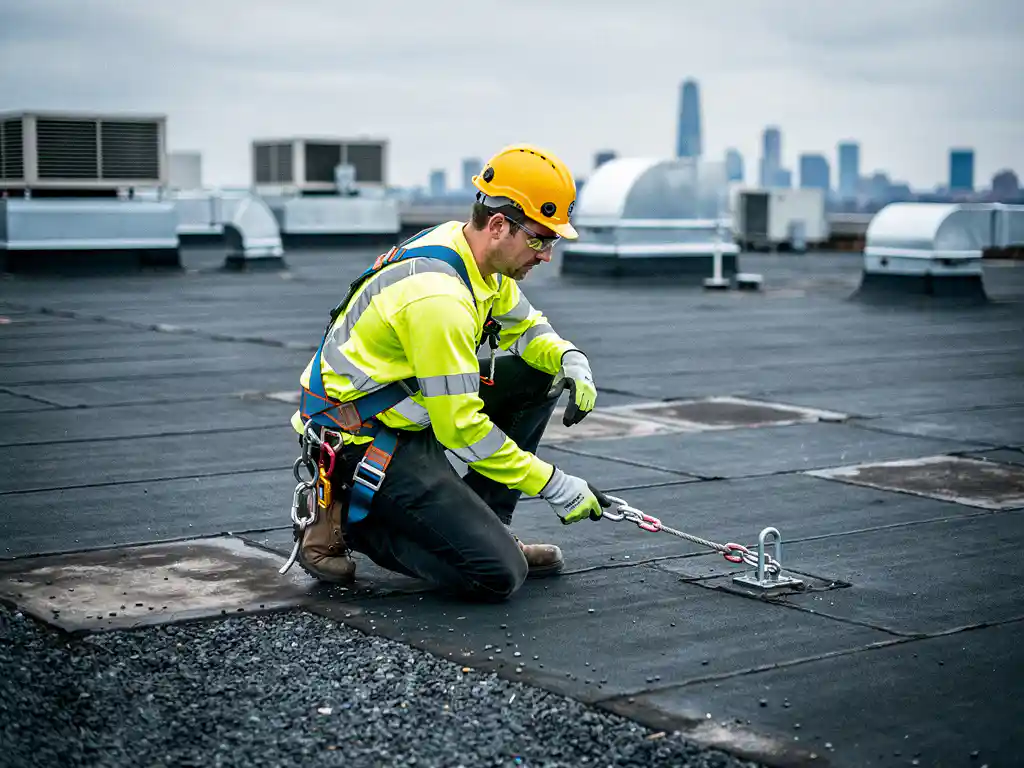 Dakwerker met geel veiligheidsvest, helm en valbeveiliging gehurkt op plat bitumen dak met ventilatie-units en stadssilhouet op achtergrond.