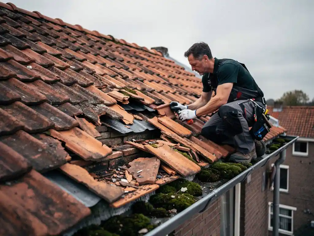 Dakspecialist inspecteert verweerde keramische dakpannen met scheuren, doorhangende goten en mosgroei onder bewolkte Nederlandse lucht.