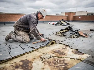 Dakdekker die verouderde bitumineuze dakbedekking verwijdert van plat commercieel dak, beschadigde isolatie zichtbaar daaronder.