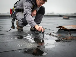 Dakspecialist met vochtmeter op plat bitumineus dak bij afvoer, natte vlek zichtbaar onder bewolkte lucht.