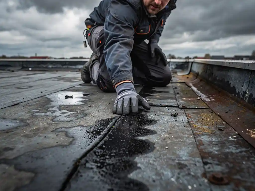 Dakspecialist onderzoekt scheur in verouderd bitumineus plat dak met waterinfiltratie en donkere vochtplekken op bewolkte dag.