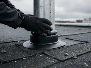 Dakdekker perst zwarte rubberen manchet rond metalen doorvoerpijp op bitumineus plat dak, kit aangebracht rondom de basis.