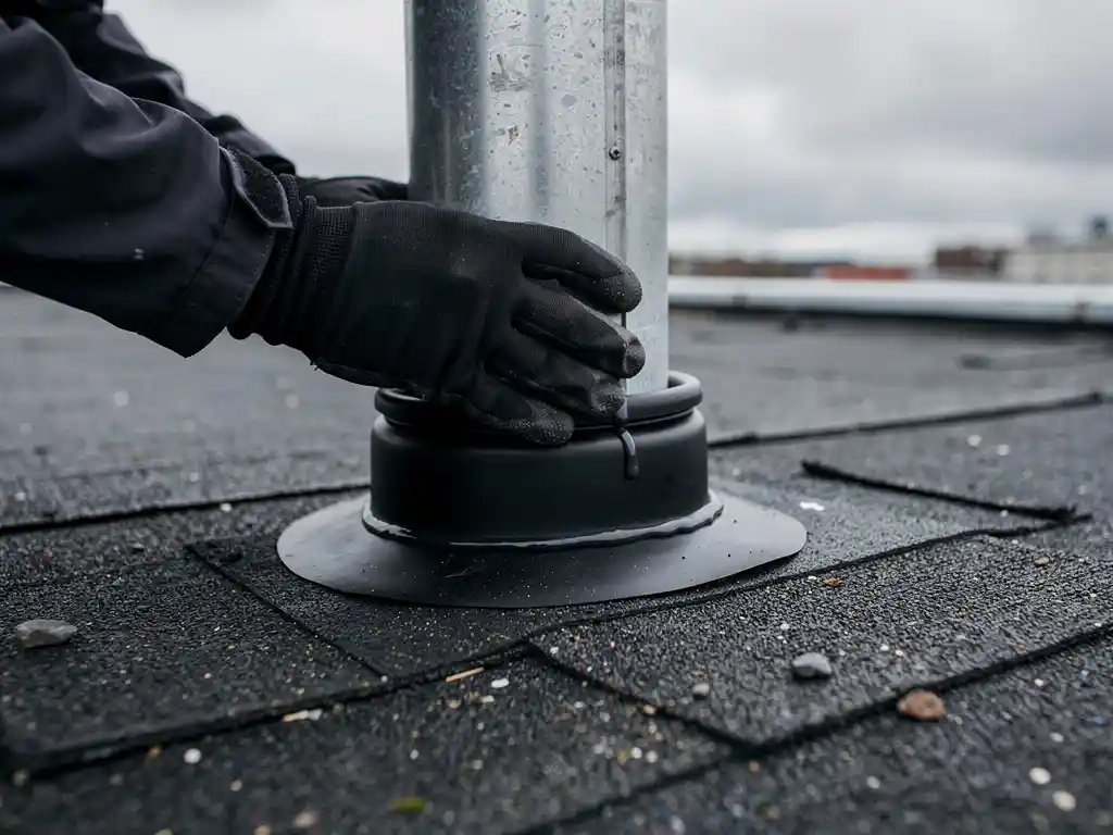 Dakdekker perst zwarte rubberen manchet rond metalen doorvoerpijp op bitumineus plat dak, kit aangebracht rondom de basis.
