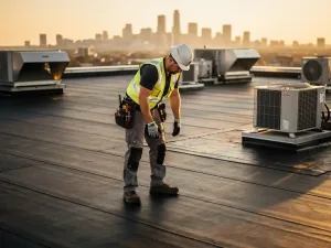 Dakdekker inspecteert plat commercieel dak met bitumineuze dakbedekking, HVAC-units en stadssilhouet op de achtergrond in warm ochtendlicht.