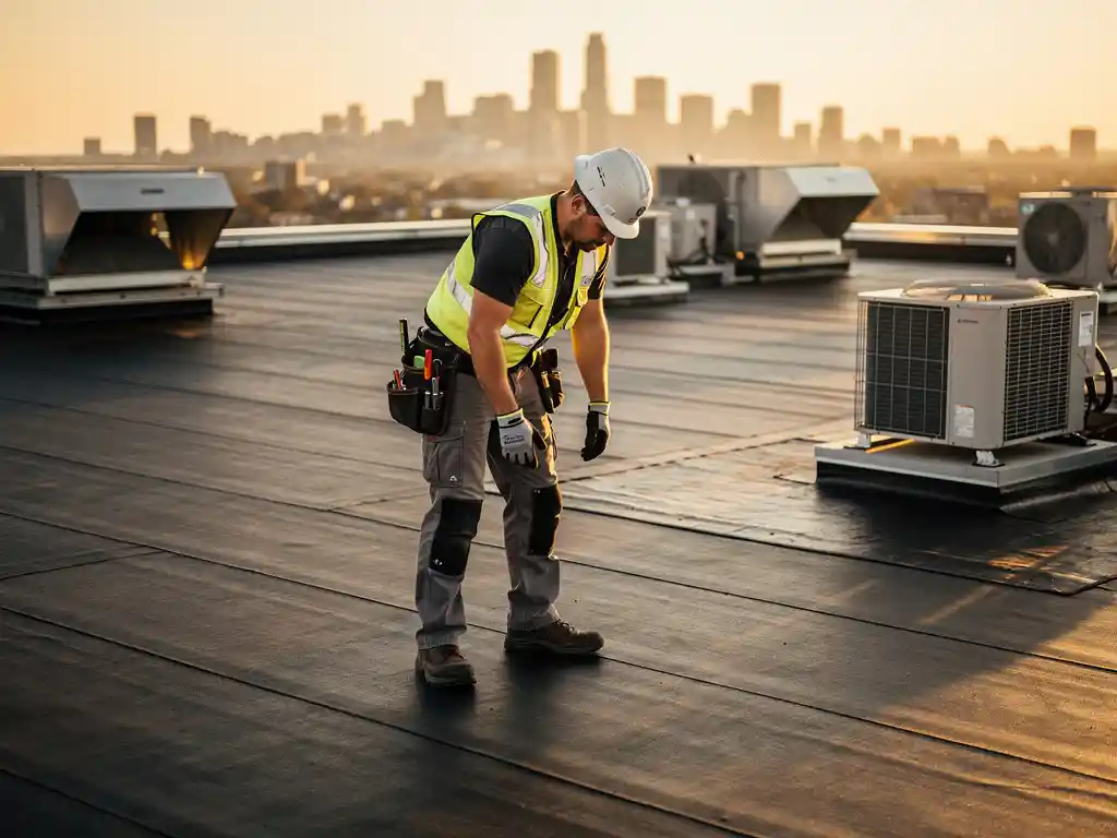 Dakdekker inspecteert plat commercieel dak met bitumineuze dakbedekking, HVAC-units en stadssilhouet op de achtergrond in warm ochtendlicht.