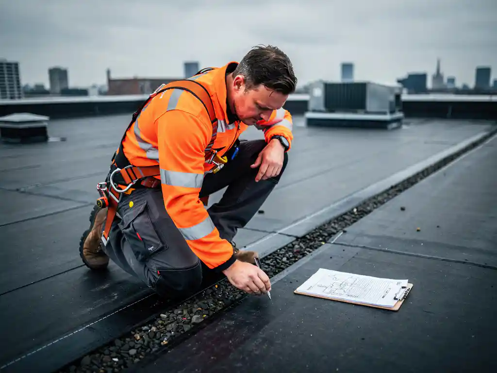 Dakdekker in veiligheidsoranje werkkleding inspecteert bitumineuze membraannaden op plat commercieel dak, ventilatie-units op achtergrond.