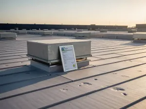 Commercieel plat dak met grijze isolatiepanelen en energielabel tegen ventilatieunit, gouden ochtendlicht over industrieel gebouw.