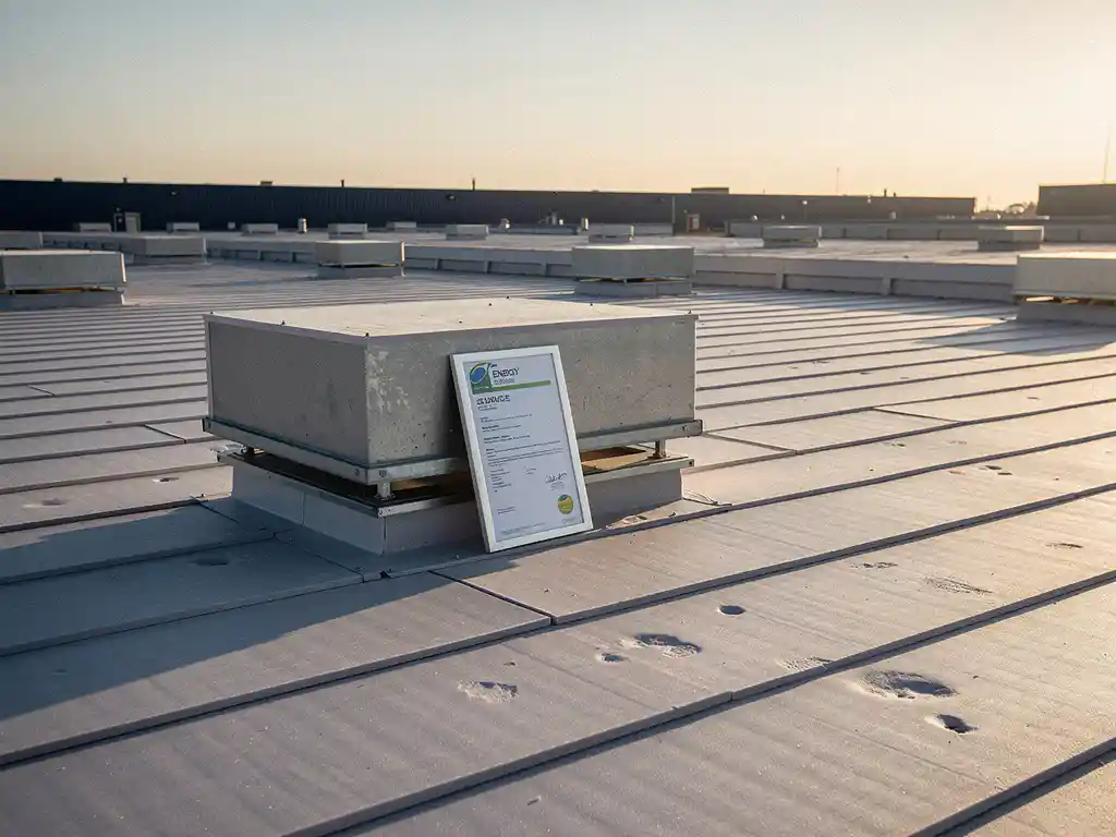 Commercieel plat dak met grijze isolatiepanelen en energielabel tegen ventilatieunit, gouden ochtendlicht over industrieel gebouw.