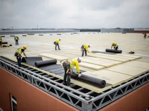 Dakvakkers plaatsen dikke isolatiepanelen op een industrieel magazijndak, zichtbare staalconstructie en bitumineuze membraanrollen op de achtergrond.