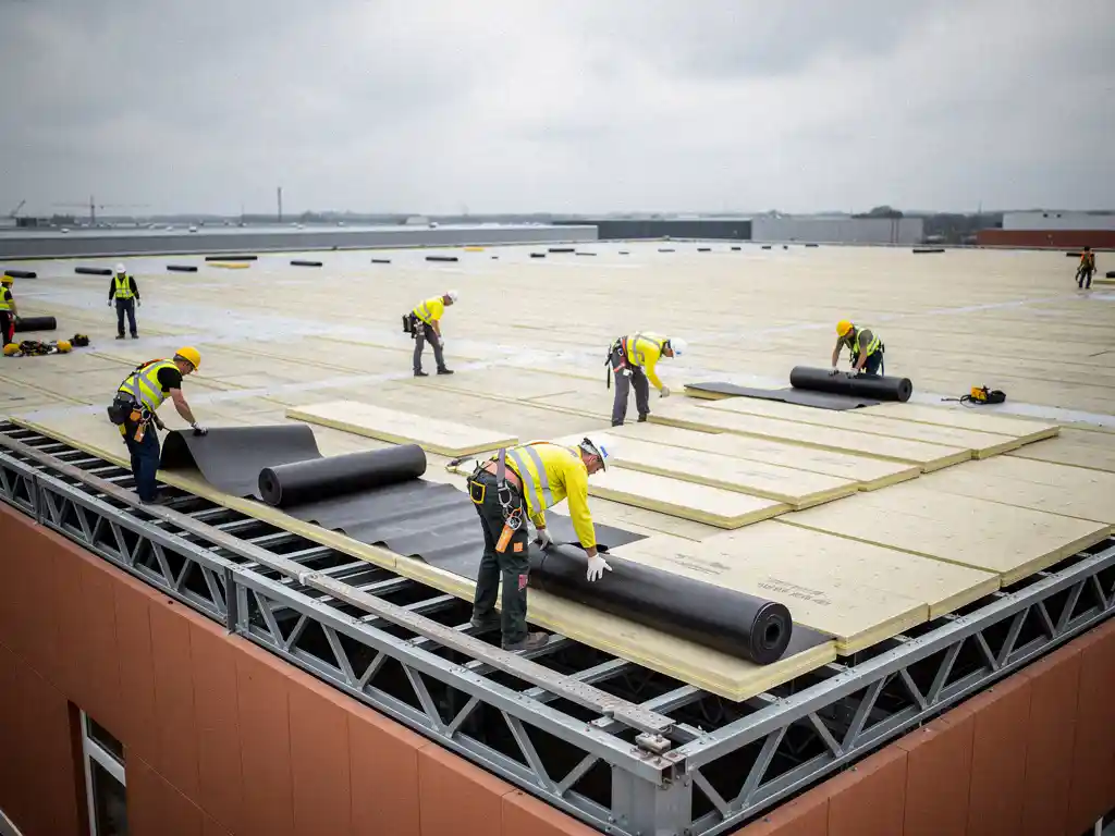 Dakvakkers plaatsen dikke isolatiepanelen op een industrieel magazijndak, zichtbare staalconstructie en bitumineuze membraanrollen op de achtergrond.