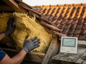 Mineraalwol isolatie aangebracht in dakspouw van Nederlandse woning, verweerde dakpannen op achtergrond, energiemeter toont dalend verbruik.