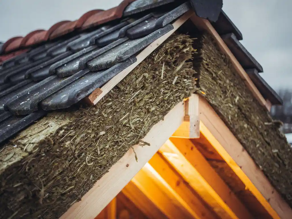 Dakdoorsnede met minerale wol isolatie tussen houten gordingen, warm binnenlicht contrasteert met grijze winterlucht door dakpannen.