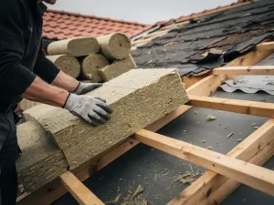 Dakdekker plaatst minerale wol isolatieplaten tussen houten dakspanten tijdens renovatie, terracotta dakpannen op de achtergrond.