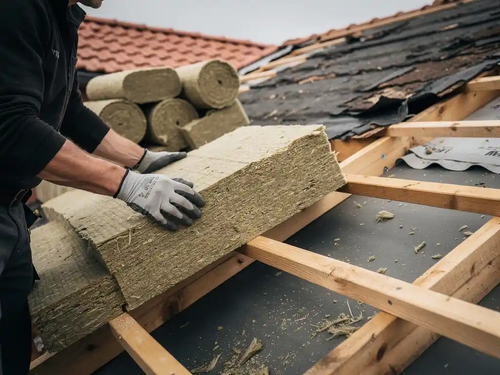 Dakdekker plaatst minerale wol isolatieplaten tussen houten dakspanten tijdens renovatie, terracotta dakpannen op de achtergrond.