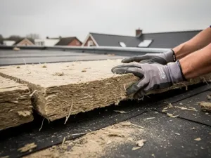 Dakdekker die minerale wol isolatieplaten in plat dak drukt, bitumineuze membraanlagen zichtbaar, Nederlandse woning op achtergrond.