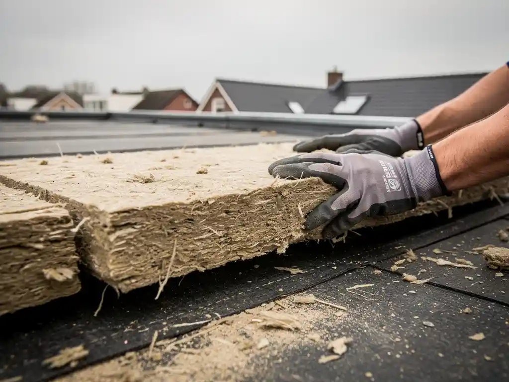 Dakdekker die minerale wol isolatieplaten in plat dak drukt, bitumineuze membraanlagen zichtbaar, Nederlandse woning op achtergrond.