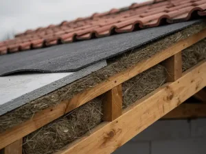 Dakranddetail met twee isolatielagen tussen en boven de gordingen, bitumineuze dakbaan, terracotta dakpannen en onbehandelde houten balken.