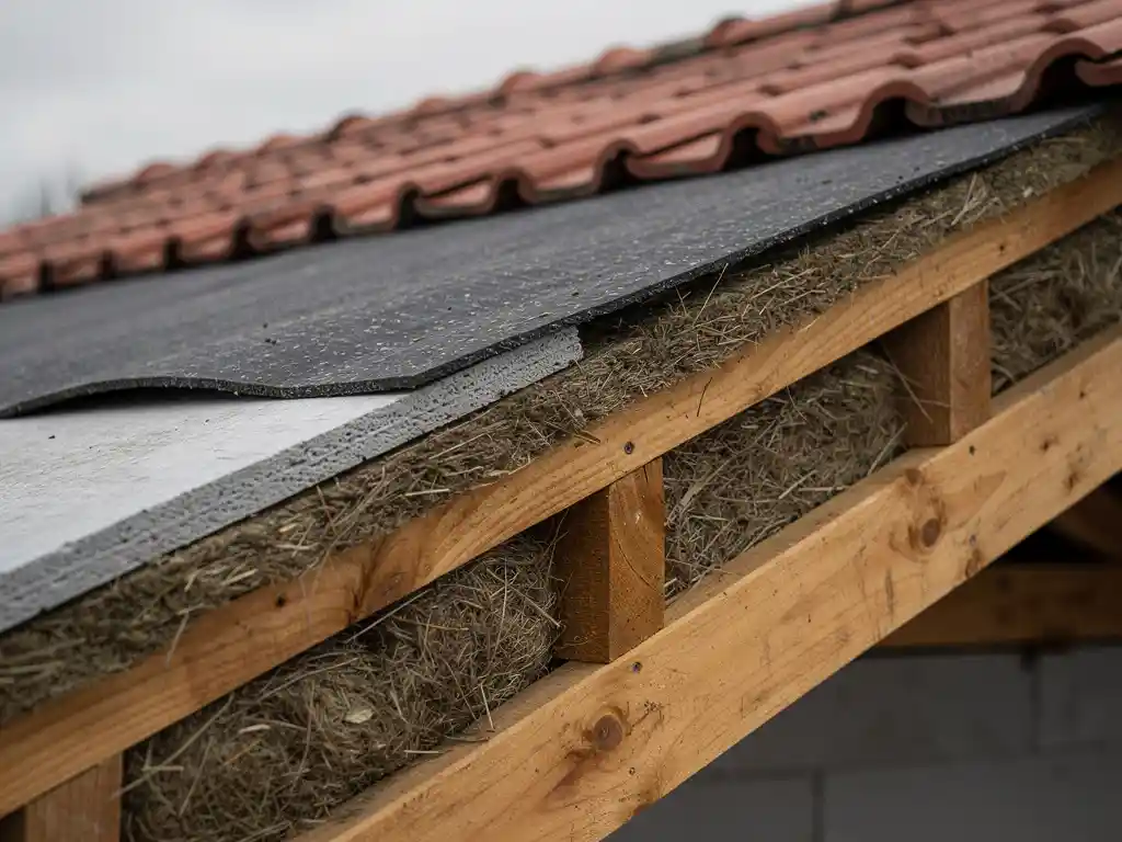 Dakranddetail met twee isolatielagen tussen en boven de gordingen, bitumineuze dakbaan, terracotta dakpannen en onbehandelde houten balken.