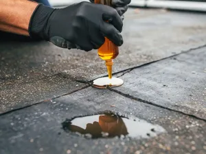Dakdekker injecteert amber epoxyhars in haarscheur van verweerd plat dak, met waterlek zichtbaar op het membraan.