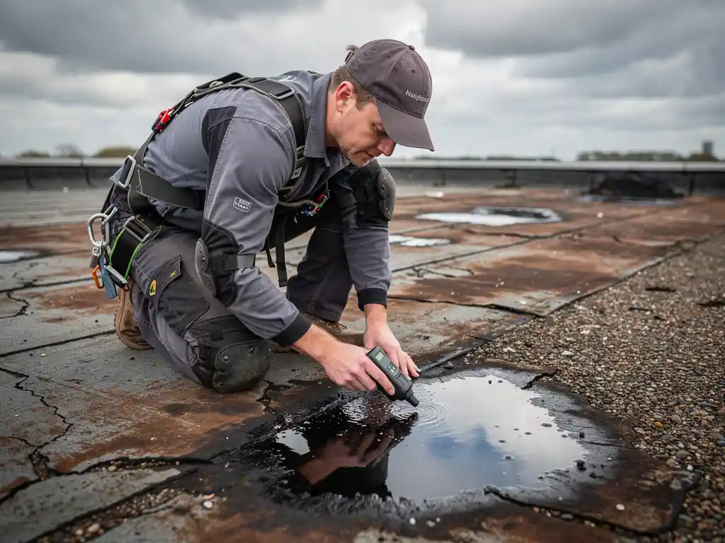 Dakspecialist inspecteert waterlek op verouderd plat dak met vochtmeter, bewolkte Nederlandse lucht op de achtergrond.