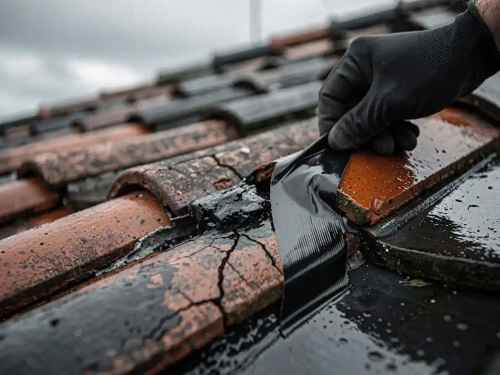 Roofer die zwarte bitumenreparatietape aanbrengt op gebarsten terracotta dakpan, omgeven door natte leistenen dakbedekking.