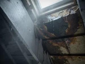 Vochtplekken op zolderdak: condensatiedruppels op houten balken naast donkere lekkageplek in dakvilt, gefotografeerd in koud daglicht.